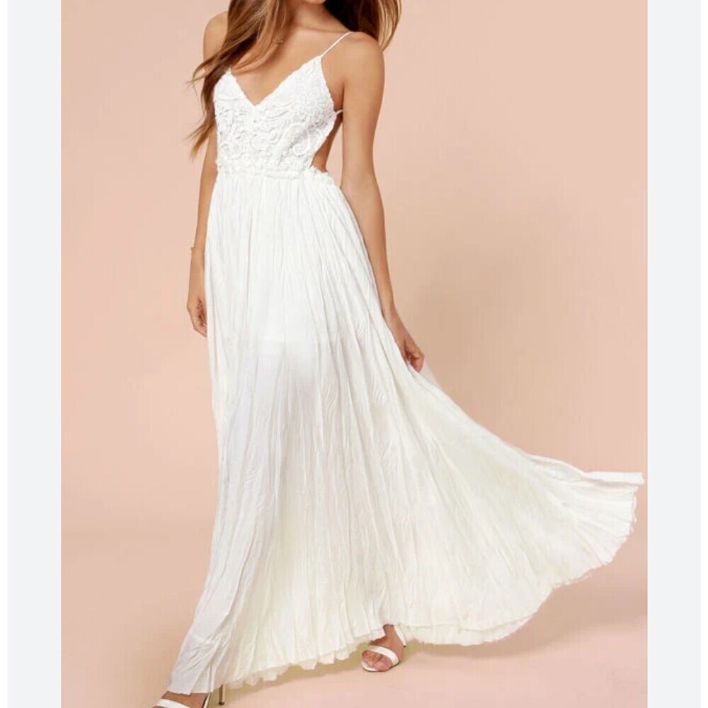 LuLus Snowy Meadow Crocheted Ivory Maxi Dress SZ LG bride bridal shower wedding
